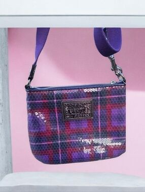 COACH POPPY, PURPLE PLAID SEQUIN- EUC